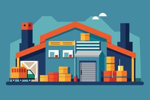 An image of a big warehouse with boxes, a truck, an orange roof, garage door, windows, and stacks of boxes inside and outside. vector