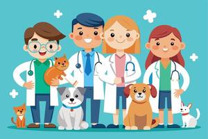 An illustration of four veterinarians, two female and two male, standing with their animal patients in a clinic setting. They are all smiling and appear happy to be caring for the animals. vector