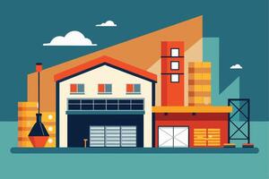An illustration of a modern industrial building with cargo and a loading dock. The building has a red roof and large windows, with a loading dock in the front. vector