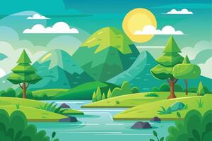 A digital illustration of a green mountain range with a sunny sky, clouds, and a winding river. vector