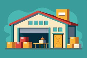 A cartoon illustration of a yellow warehouse building with an open garage door and several boxes stacked outside. vector