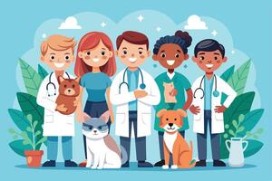 A cheerful illustration depicting a group of five diverse veterinarians with smiling faces, wearing white coats and holding various pets, including a dog, cat, hamster, and guinea pig. vector