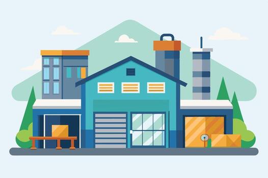 An illustration of a modern factory building with large doors and a loading dock. There is a separate office building and a tall smokestack. vector