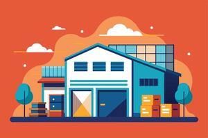 A modern warehouse building with large double doors and boxes stacked in front, set against a bright orange background with white clouds. vector