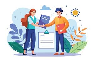 A woman and a man exchange documents on a sunny day. They are both smiling and standing outdoors, with green foliage and a blue sky in the background. vector