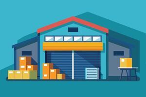 A flat-style illustration of a modern warehouse building with large rolling doors. There are boxes stacked outside the building. vector