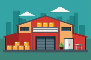 A cartoon illustration of a warehouse with a red and yellow exterior. It has a closed garage door and a set of double doors. There are boxes stacked outside and a small tree to the right. vector