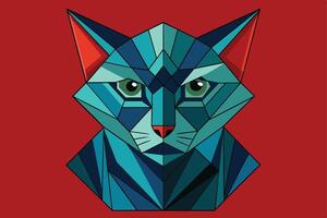 A digitally created portrait of a cat, rendered in a geometric style, featuring blue, green, and red hues. The cats head is centered on a red background. vector