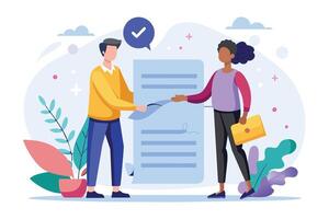 Illustration of a man and a woman signing a contract with a pen and a check mark next to it, indicating approval. vector