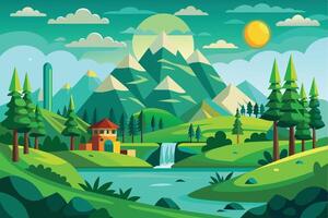 Digital illustration of a serene mountain valley with waterfall, lake, trees, and house. Green, snow-capped mountains, bright sun, fluffy clouds. Peaceful scene. vector