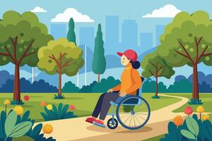 A woman in a wheelchair is enjoying a day out in the park. Surrounded by lush green trees, she is smiling and appears to be taking in the fresh air and sunshine. vector