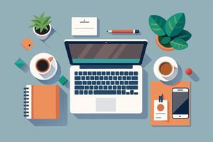 A flat-lay illustration of a clean, modern workspace with a laptop, two cups of coffee, a notebook, a pencil, a smartphone, and other office supplies. vector