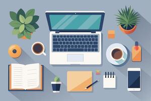 A flat lay illustration depicting a modern workspace with a laptop, two cups of coffee, plants, a notepad, a book, and a smartphone. vector
