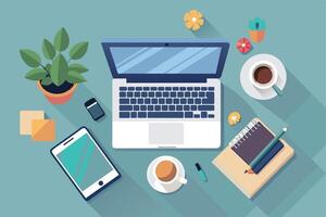 A flat lay illustration of a desk with a laptop, a phone, two cups of coffee, a notepad, and a pencil. vector