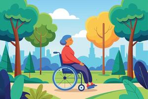 A woman in a wheelchair enjoys a sunny day in a park, surrounded by trees and city buildings in the background. vector