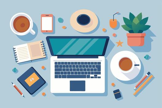 An overhead view of a workspace with a laptop, two coffee cups, a notepad, a smartphone, pencils, an eraser, and a potted plant. vector