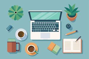 An overhead view of a workspace with a laptop, a notebook, two cups of coffee, a plant, and a pencil. vector