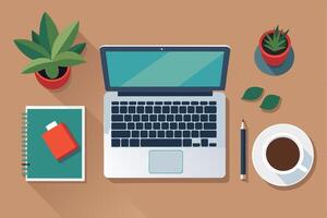 A top-down view of a modern workspace featuring a laptop with a blank screen, a cup of coffee, and two potted plants on a brown desk. vector