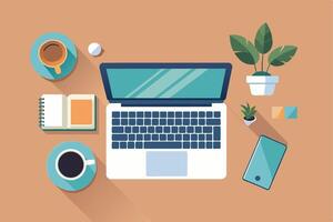 A top view of a brown workspace with a laptop computer, a cup of coffee, a notepad, plants, and a mobile phone. The laptop is open and the screen is illuminated with a soft blue light. vector