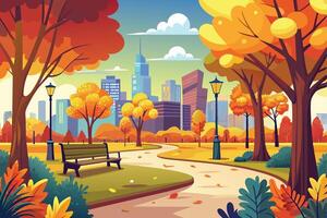 A cartoon illustration of a city park in the fall, featuring a winding path, a bench, and trees with vibrant foliage. vector
