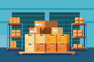 A digital illustration of a warehouse storage room with multiple shelves and a pallet of cardboard boxes. vector