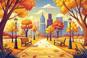An urban park on a sunny autumn afternoon - vibrant foliage lines the path with benches on either side, tall skyscrapers in the distance. vector
