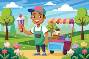A boy in a green apron and cap joyfully holds an ice cream cone by his colorful cart in a lush park with vibrant flowers. vector
