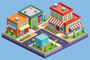 A colorful isometric illustration of a city block featuring four buildings, including a cafe and shops, with streetlights and greenery. vector