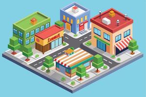 This isometric illustration depicts a city block with four buildings and a variety of trees. The buildings have a variety of architectural styles and are decorated with bright colors. vector