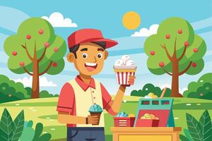 A smiling ice cream vendor stands in a park on a sunny day, holding a cup of ice cream and a small container of ice cream. vector