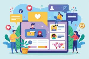 Illustration depicting people interacting on social media using mobile devices and a large tablet, showcasing the popularity and accessibility of digital platforms for communication. vector