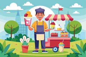 An illustration of a friendly food vendor selling treats in an urban park on a sunny day. The vendor is holding a cup of shaved ice and smiling at customers. vector
