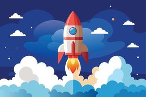 A cartoon illustration of a red and white rocket launching into space with clouds and stars in the background. vector