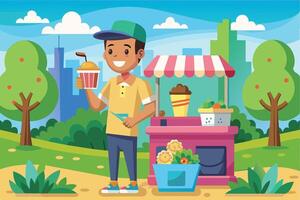 A young boy stands in front of a food stand in a park, offering refreshing drinks and snacks to customers. vector