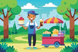 A smiling vendor stands in a park on a sunny day, holding a cake and a cup of coffee, with his food cart beside him. vector