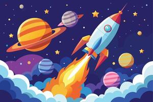 An illustration of a rocket launching through space with planets and stars in the background. vector