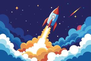 A rocket launches into space, leaving a fiery trail. Its red and blue, with white clouds and a dark sky filled with stars. vector