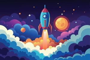 An illustration of a rocket launching into outer space, surrounded by colorful clouds and a large orange moon. vector