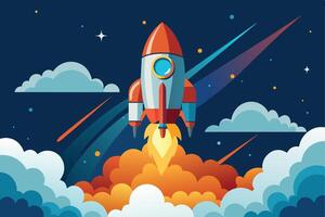 An illustration of a red and white rocket launching through a dark blue sky filled with stars and white clouds. The rocket is leaving a trail of orange fire. vector