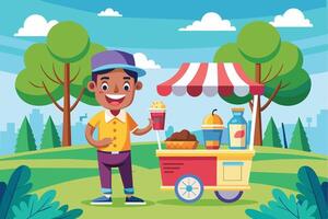 A cartoon boy with a big smile stands beside a food cart in a park, selling snacks to passersby on a sunny day. vector