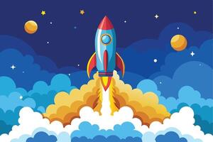 A cartoon rocket is launching through the clouds at night, with stars and planets in the background. vector