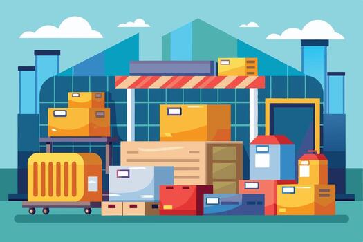 A cartoon illustration of a warehouse loading dock with a cart and various boxes. vector