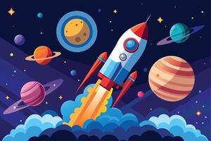 A cartoon illustration of a red and white rocket launching into space, with planets and stars in the background. vector