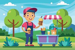 A cartoon illustration of a happy food vendor selling snacks and drinks at a food cart in a park with green trees and a blue sky. vector