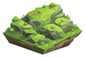 An isometric illustration of a grassy rocky landscape, featuring several rocks covered in green moss and surrounded by grass and small plants. vector