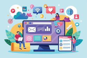 An illustration depicting three people using a desktop computer and tablet to engage in online communication, social media, and business activities. vector