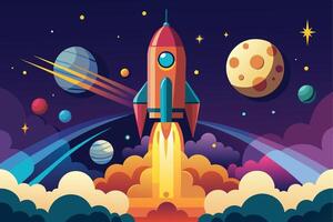 A digital illustration depicting a colorful rocket launching into space. The rocket is surrounded by planets, stars, and clouds. vector