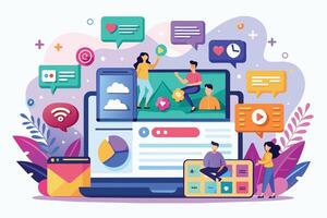 An illustration depicting people using a laptop and smartphone to collaborate on a project with social media icons and elements surrounding them. vector