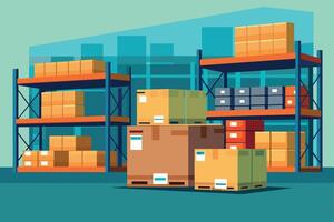 A cartoon illustration of a warehouse with boxes stacked on shelves. There are multiple stacks of boxes on two different shelves, and various colors, including orange, brown, and grey. vector