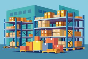 Illustration of a warehouse with multiple storage shelves filled with boxes. vector